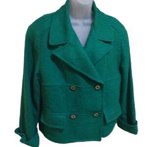 Vtg Carlisle Womens Double Breasted Wool Silk Blazer 8 Boucle Green 3/4 Sleeve
